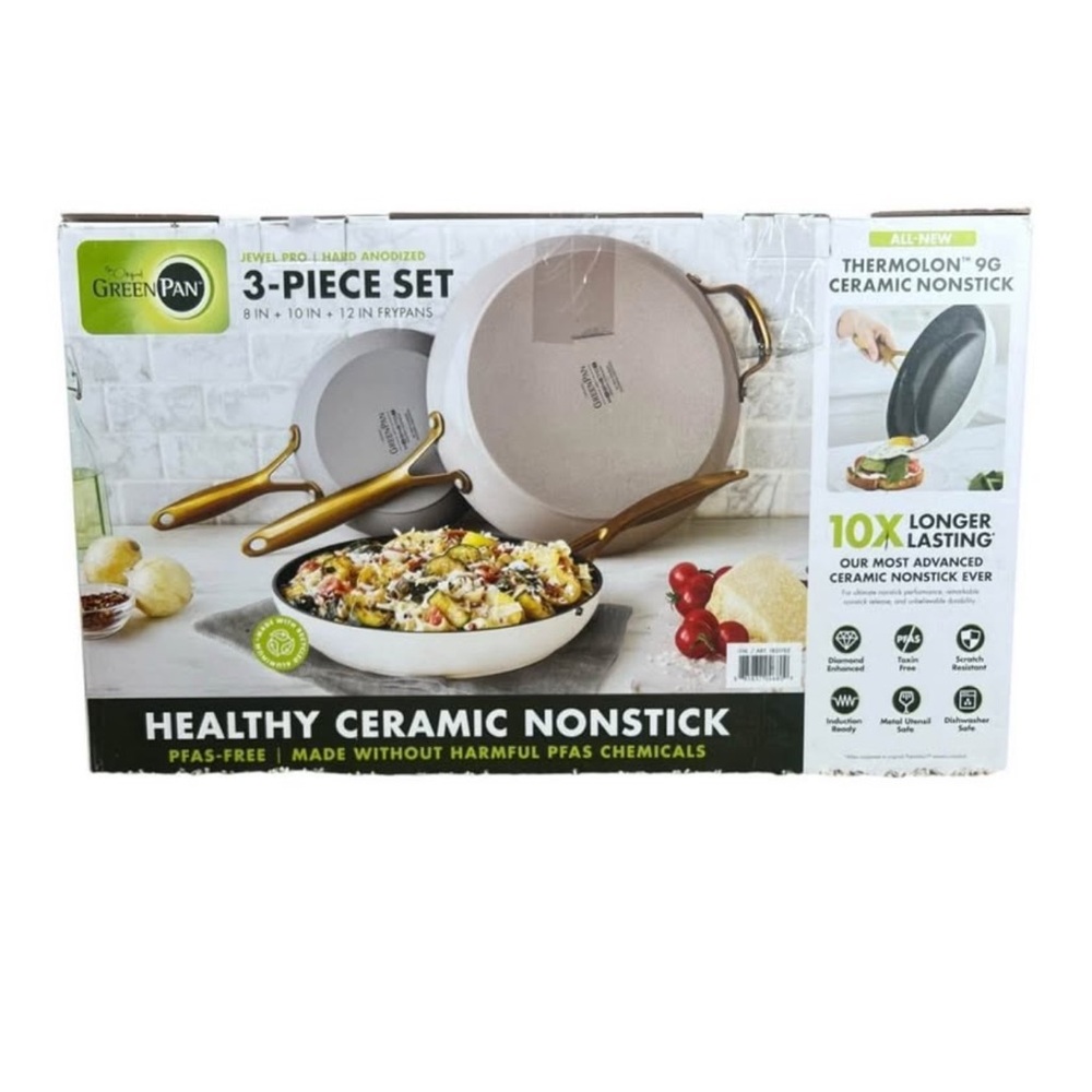GreenPan Jewel‎ Pro 3-Piece Frypan Set – 8”, 10”, 12” – Gold Handle - Picture 2 of 5